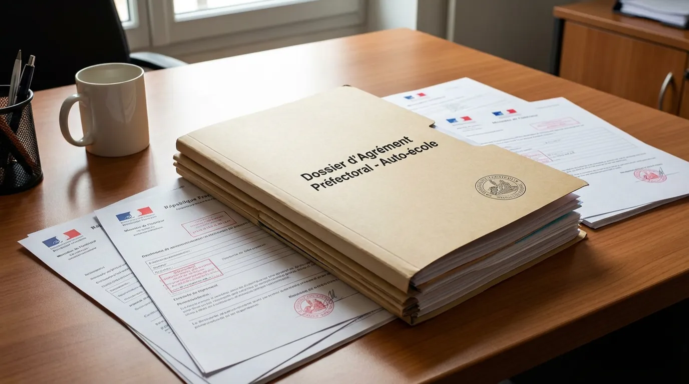 Dossier administratif d'agrément préfectoral posé sur un bureau de préfecture