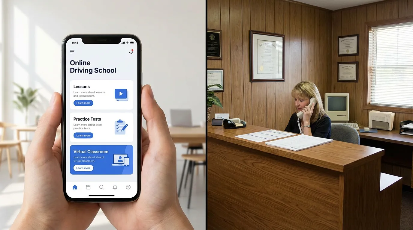 Écran partagé entre une application mobile et un bureau d'auto-école traditionnelle