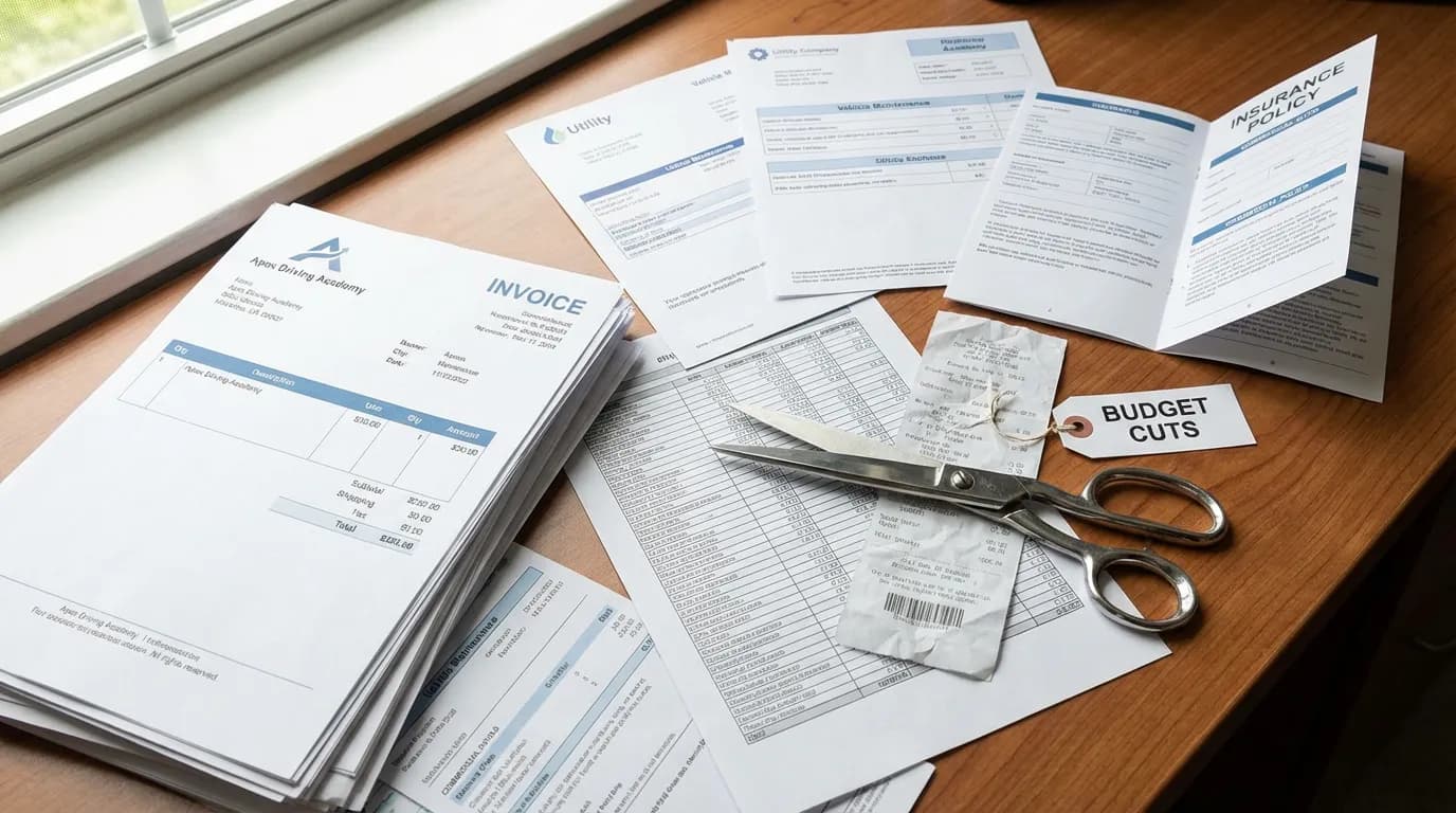 Tableau avec postes de dépenses d'auto-école et ciseaux symbolisant les coupes budgétaires