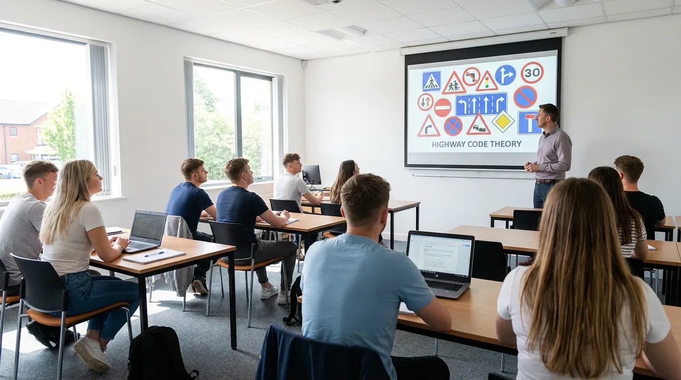 Élèves concentrés pendant une session de code de la route en salle d'auto-école