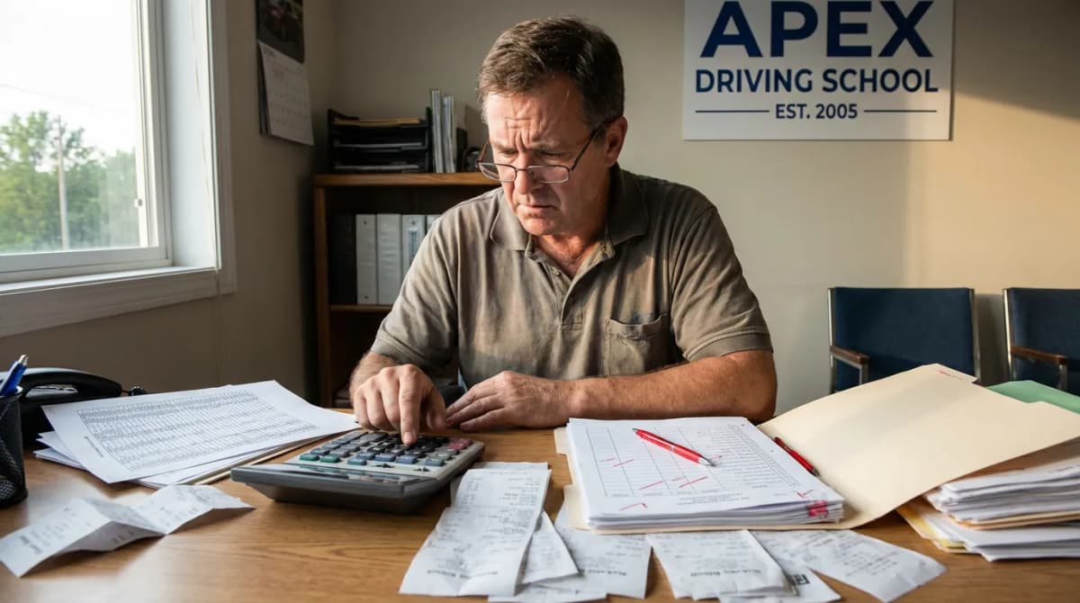 Gérant d'auto-école vérifiant ses documents comptables avec une calculatrice