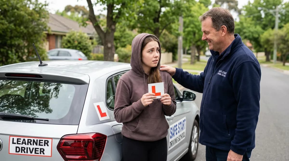 Moniteur d'auto-école rassurant un élève stressé avant une leçon de conduite