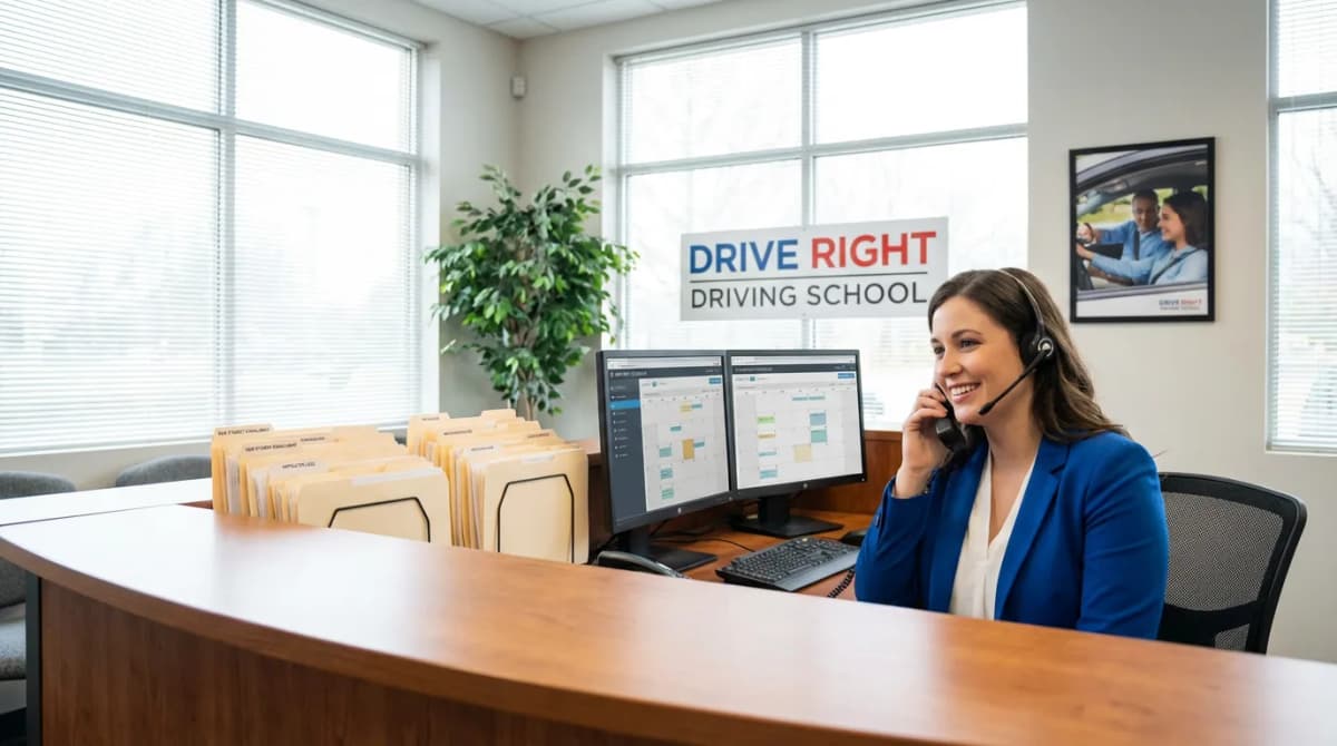 Bureau d'accueil d'auto-école avec téléphone et dossiers d'inscription