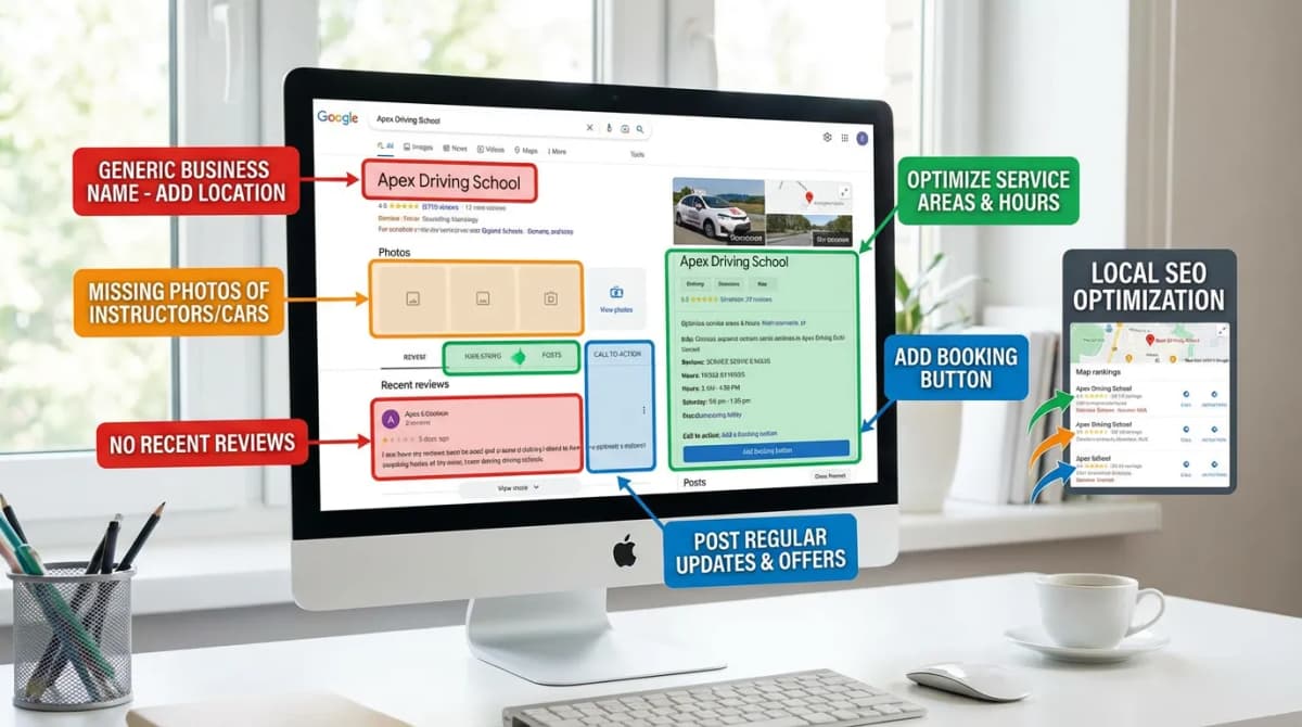 Fiche Google Business d'une auto-école avec des points d'amélioration surlignés