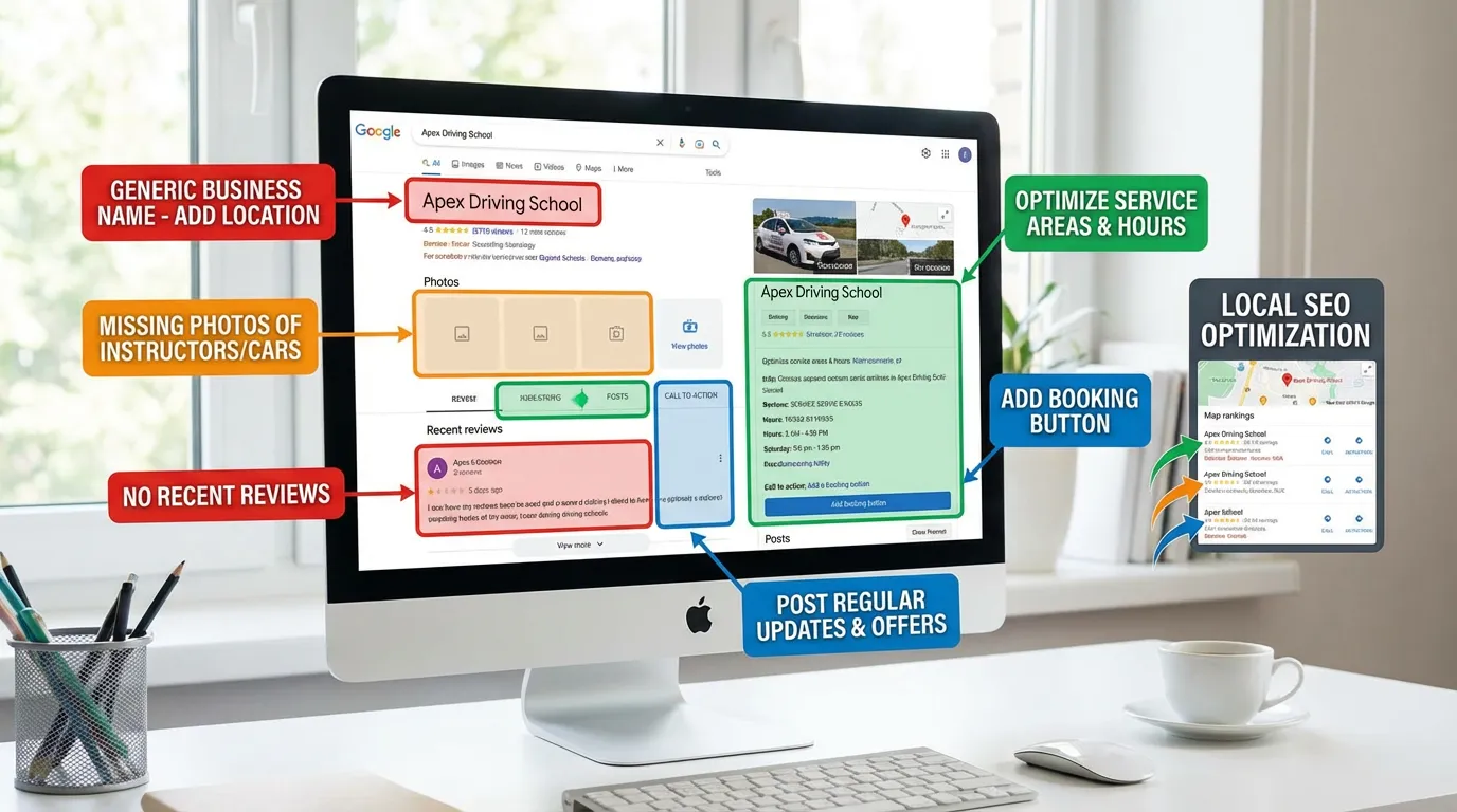 Fiche Google Business d'une auto-école avec des points d'amélioration surlignés