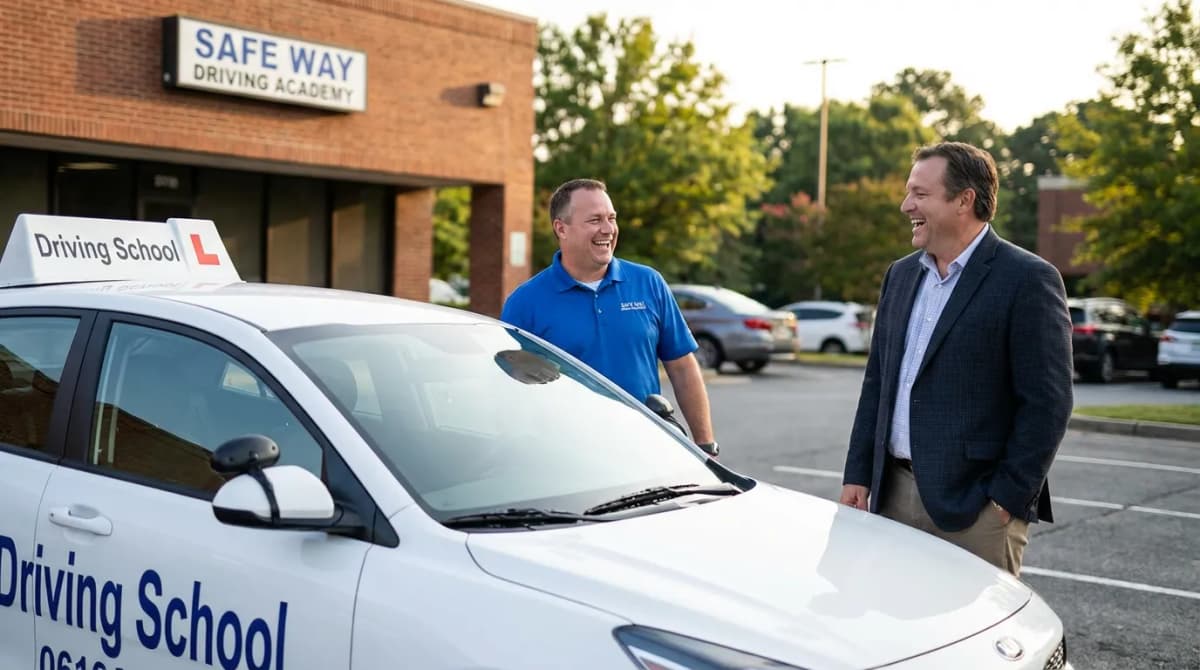 Moniteur d'auto-école souriant en discussion avec un gérant devant un véhicule école