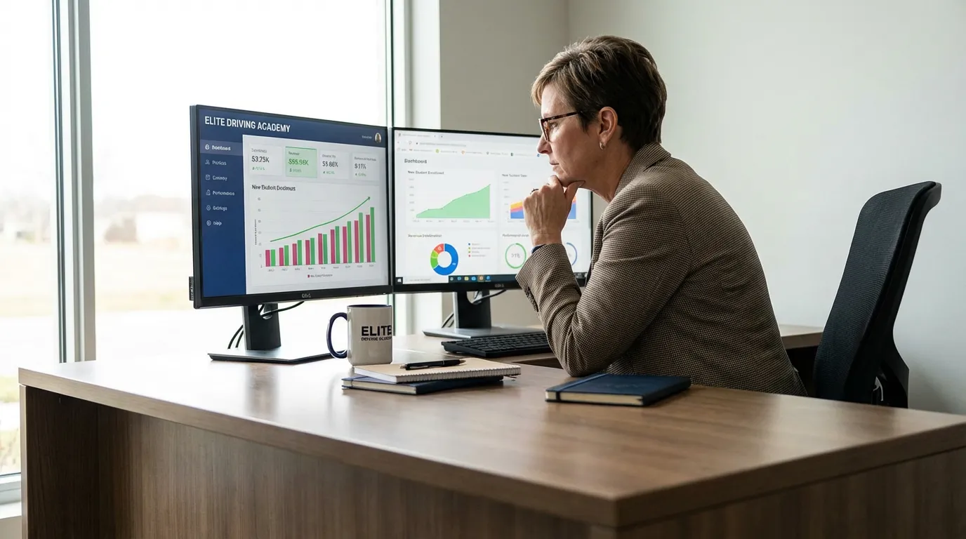 Dirigeant d'auto-école analysant ses résultats financiers sur un tableau de bord