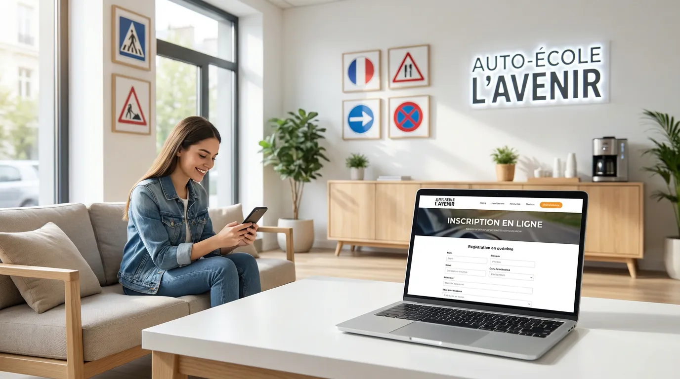 Interface d'inscription en ligne pour auto-école avec formulaire et paiement sécurisé