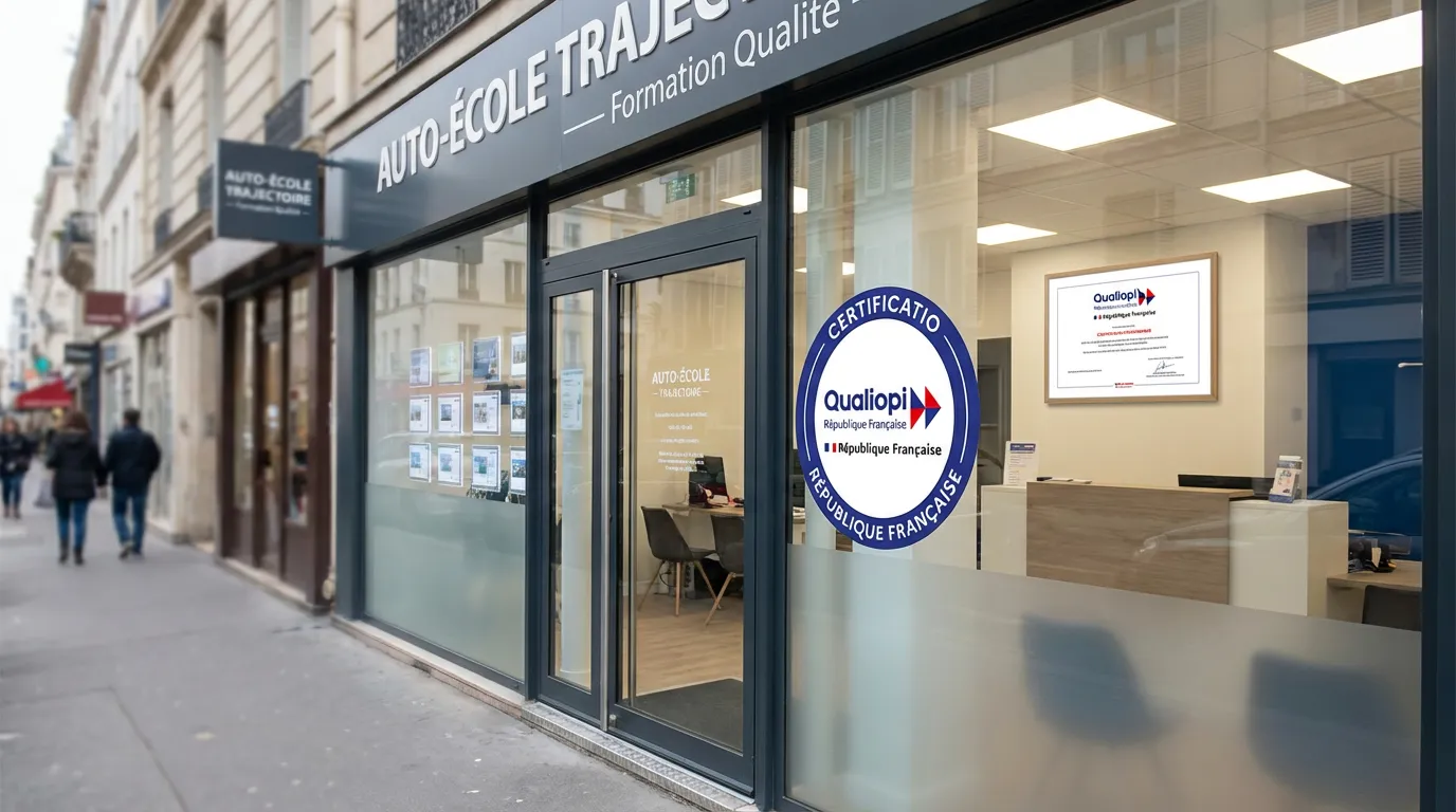 Logo Qualiopi sur la vitrine d'une auto-école avec le certificat affiché