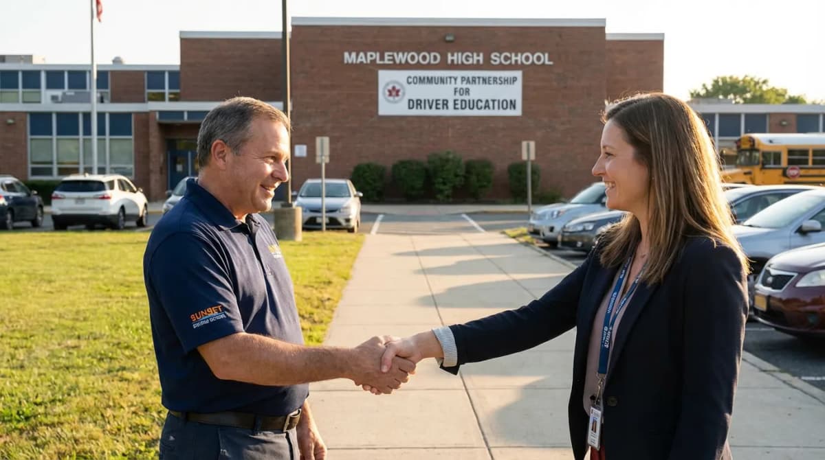 Gérant d'auto-école serrant la main d'un proviseur de lycée devant l'établissement