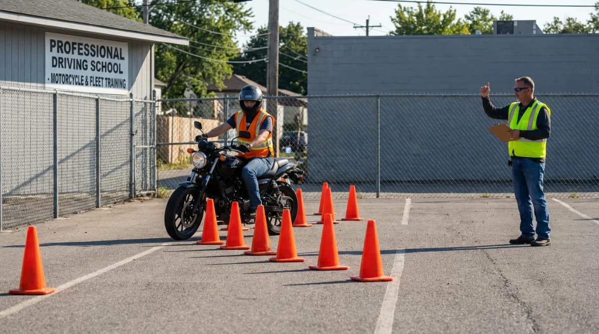 Piste de plateau moto avec un moniteur supervisant un élève en formation