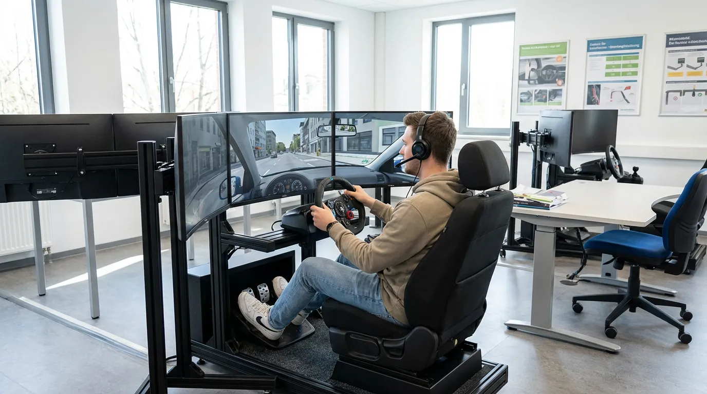 Élève utilisant un simulateur de conduite dans une auto-école moderne