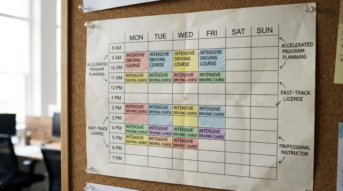 Calendrier de planning intensif de formation au permis de conduire sur une semaine