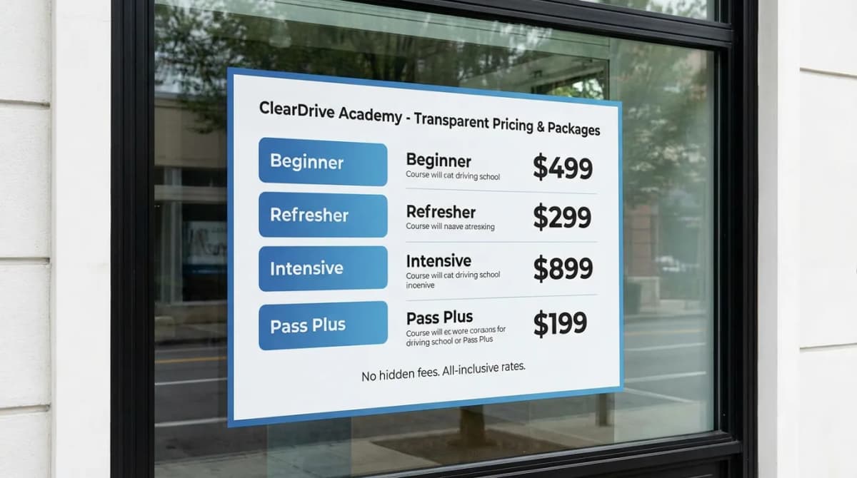 Grille tarifaire d'auto-école affichée en vitrine avec différents forfaits