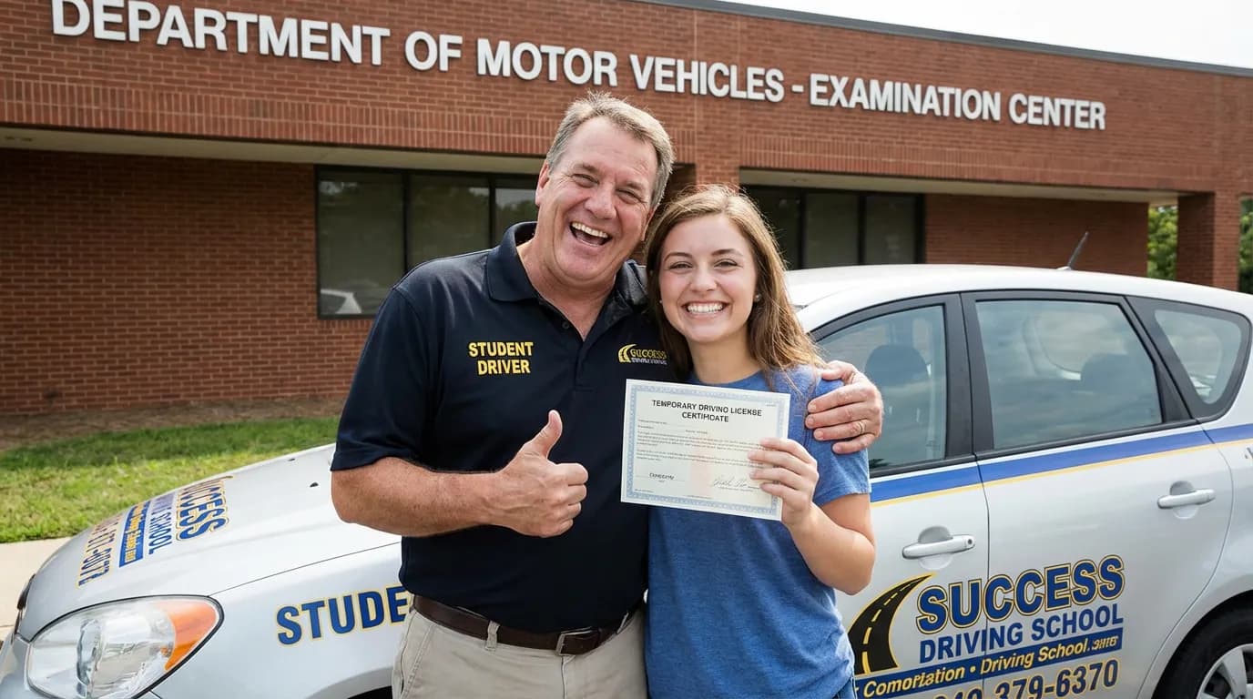 Moniteur d'auto-école célébrant la réussite d'un élève au permis de conduire