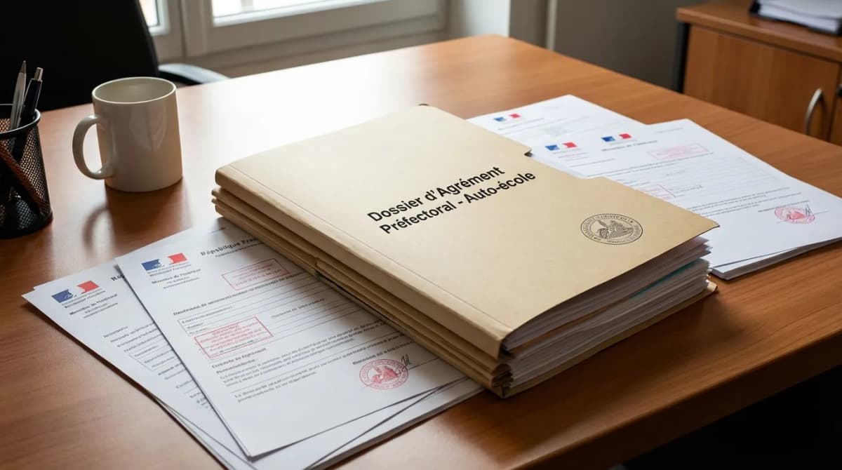 Dossier administratif d'agrément préfectoral posé sur un bureau de préfecture