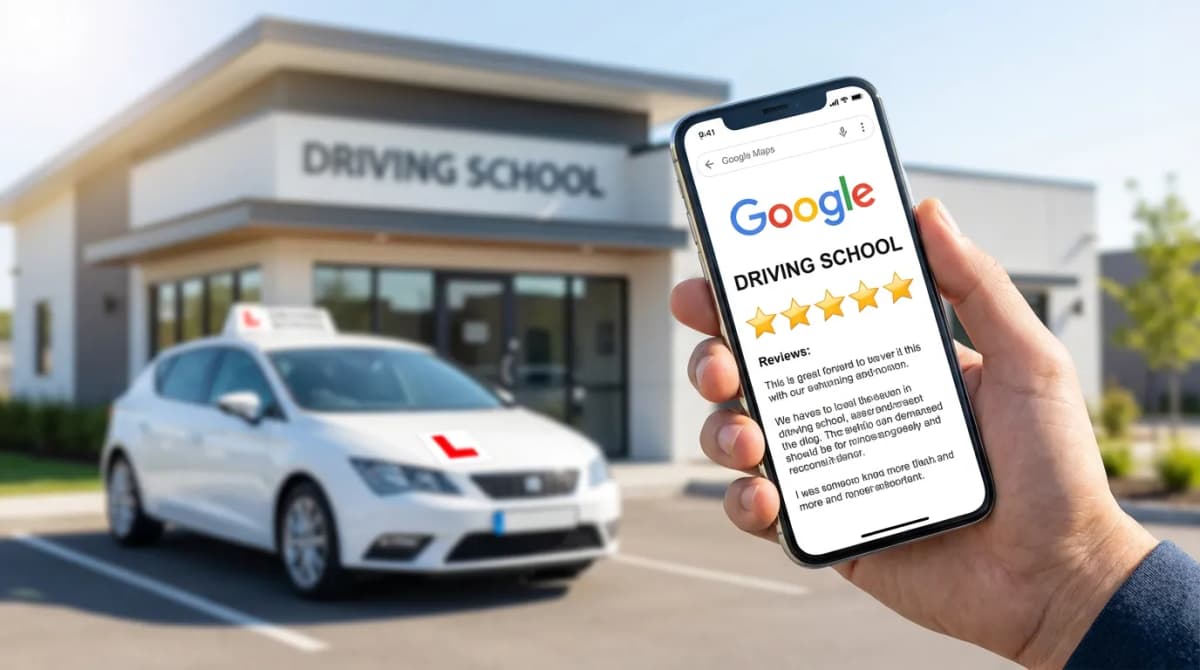 Exemple d'avis Google 5 étoiles pour une auto-école avec photo de client satisfait