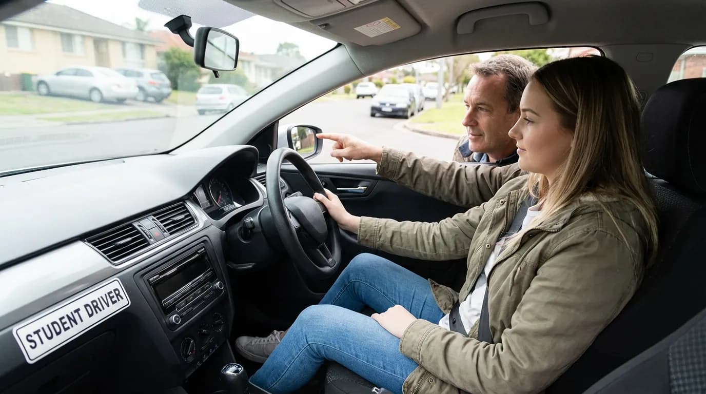 Moniteur d'auto-école expliquant une manœuvre à un élève dans le véhicule