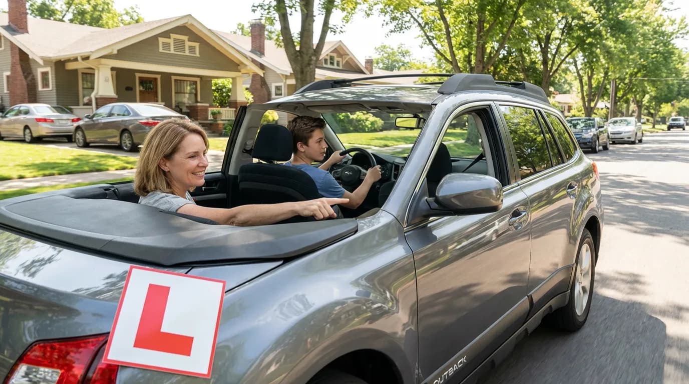 Parent et adolescent en voiture pendant une séance de conduite accompagnée
