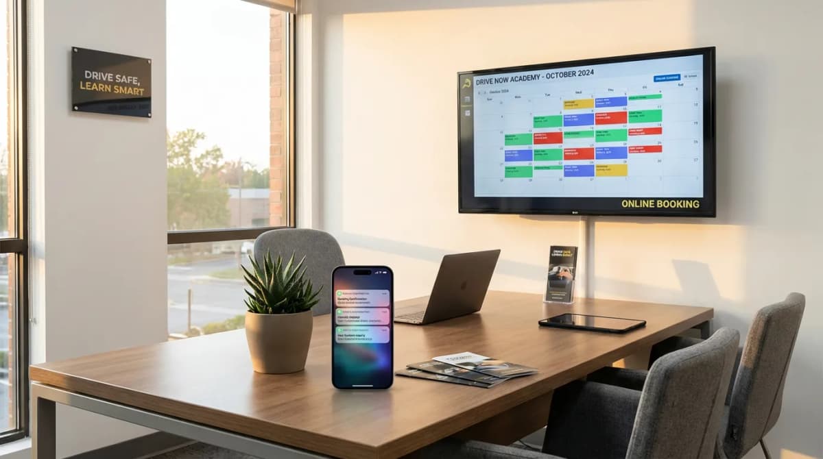 Bureau d'auto-école moderne avec écran affichant un tableau de bord numérique et un smartphone