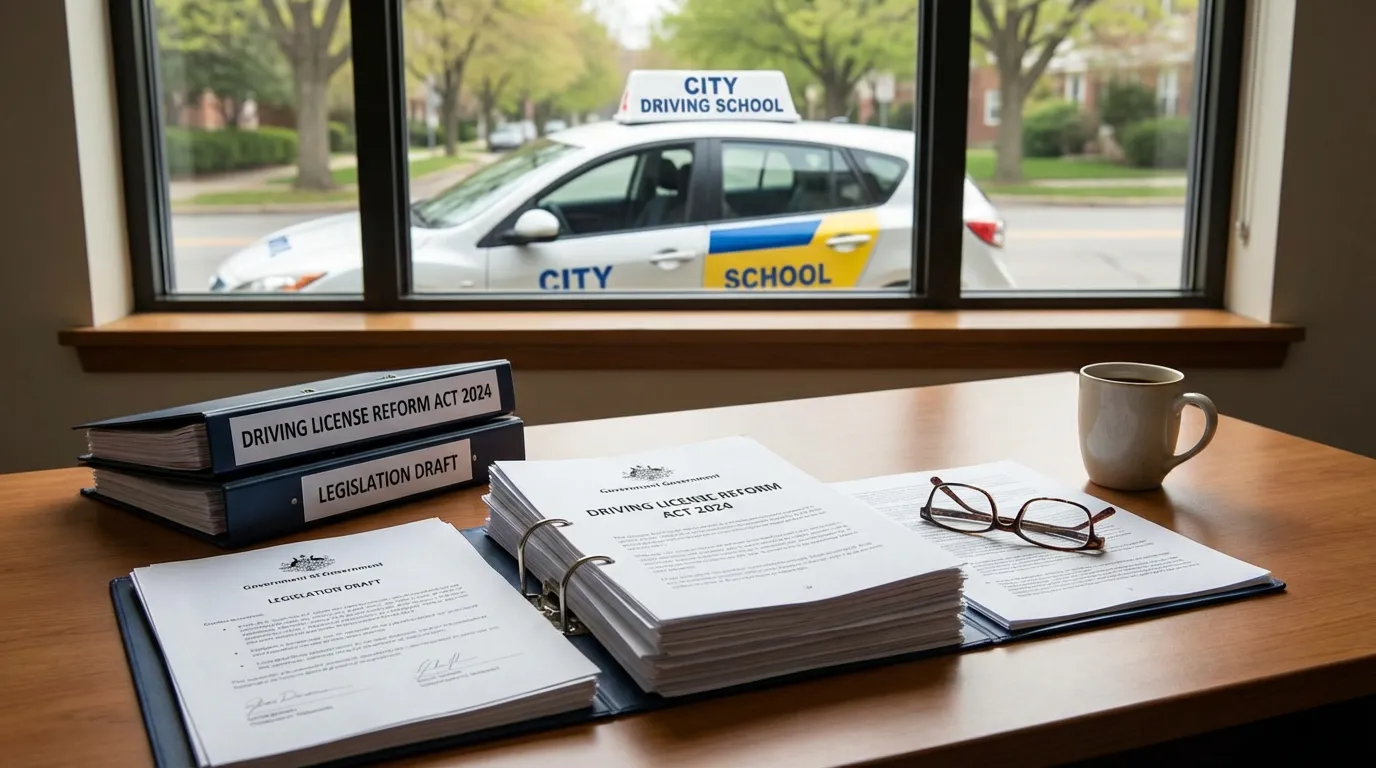 Document officiel de réforme du permis de conduire avec un véhicule d'auto-école en arrière-plan