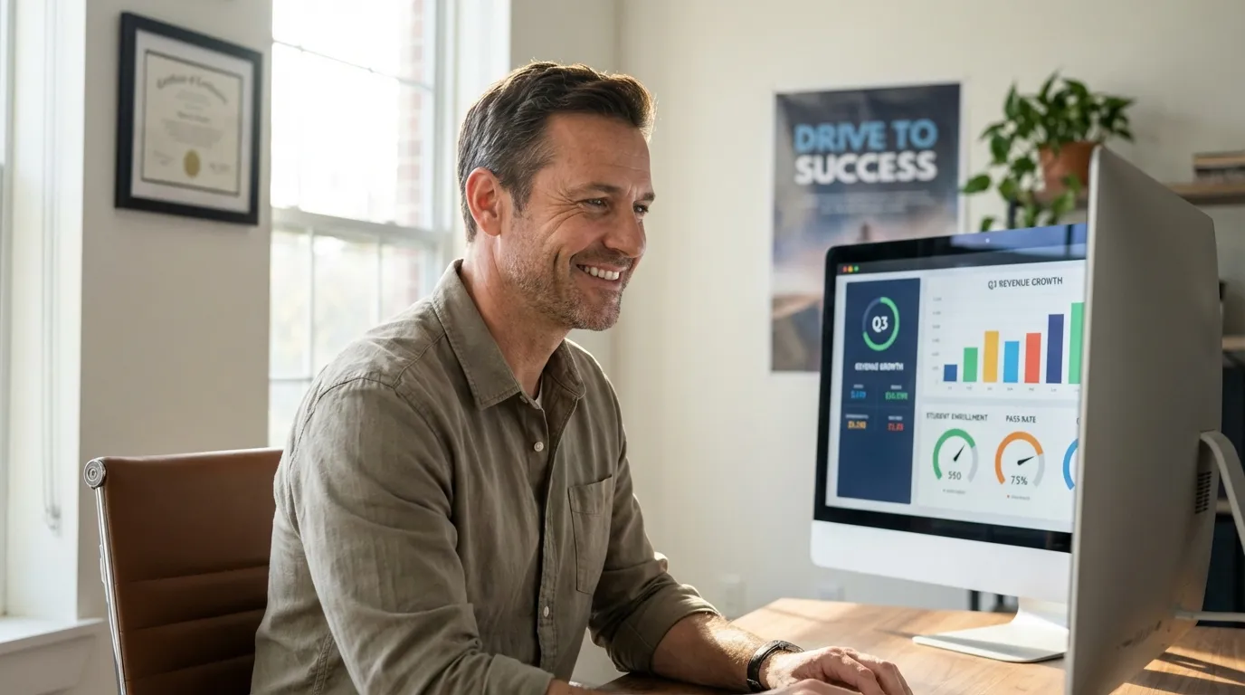 Gérant d'auto-école souriant devant un tableau de bord montrant des indicateurs de rentabilité en hausse