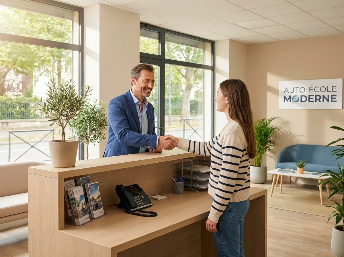 Accueil serein dans une auto-école : un gérant sourit à un élève sans être interrompu par le téléphone