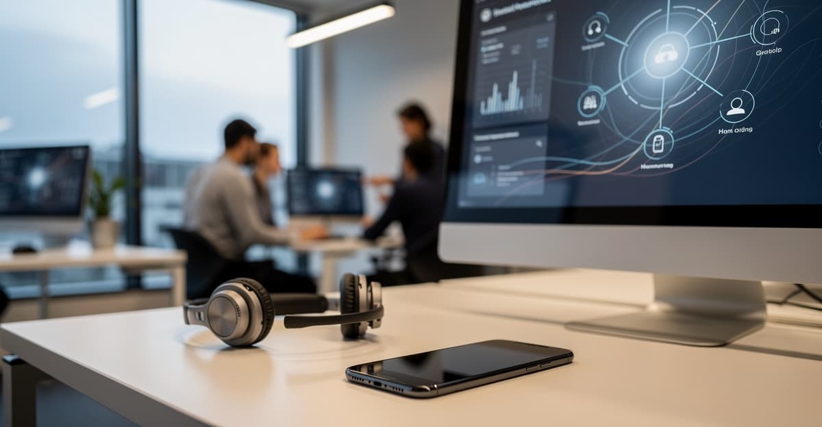 Vue d’un bureau professionnel avec smartphone et casque pour gérer les appels hors horaires