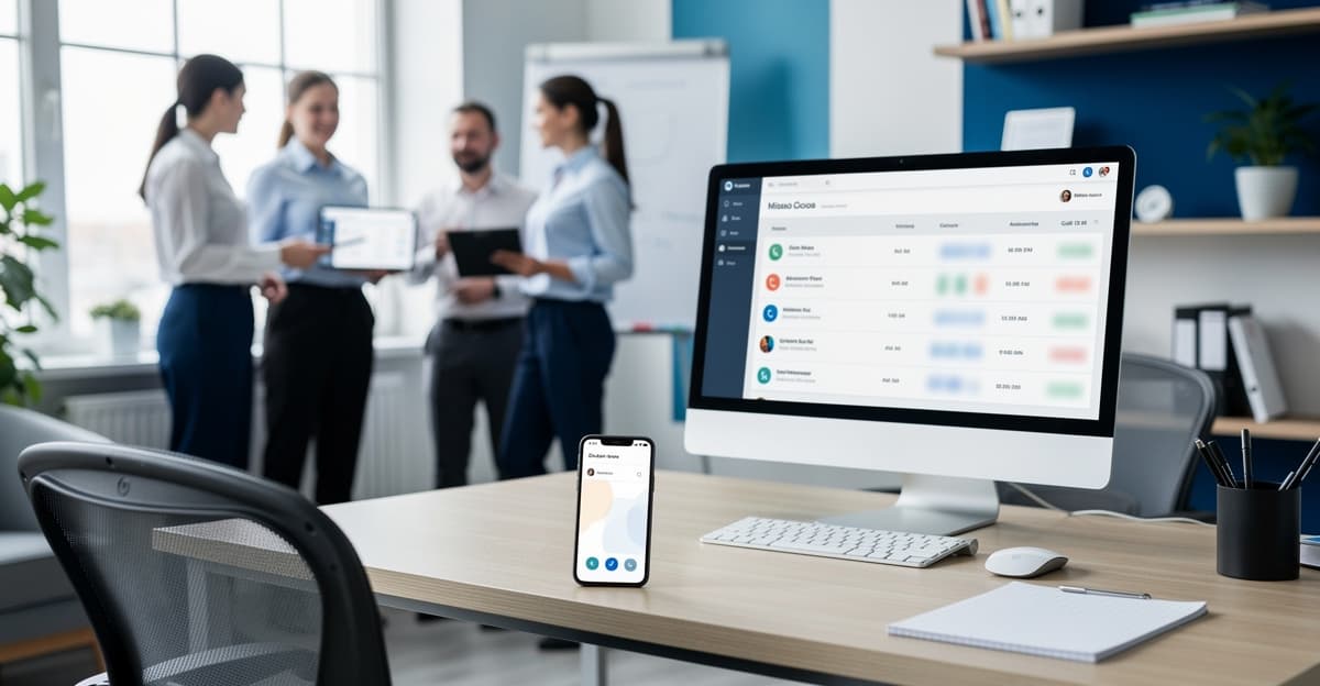 Bureau d’auto-école avec appels manqués sur écran et téléphone en avant-plan
