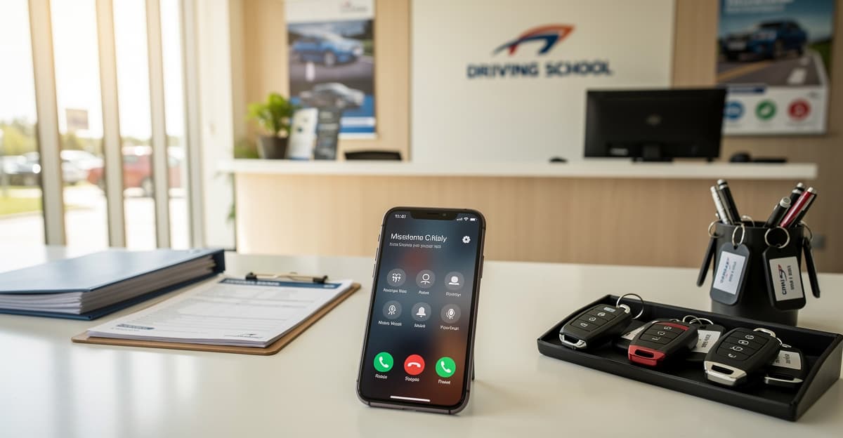 Smartphone affichant des appels manqués auto-école sur un bureau d'accueil d'une auto-école moderne