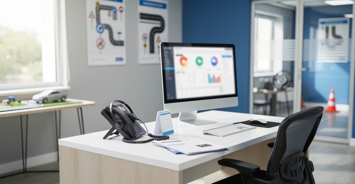 Bureau d’accueil d’une auto-école avec téléphone, planning et écran CRM, illustrant l’assistant vocal auto-école.