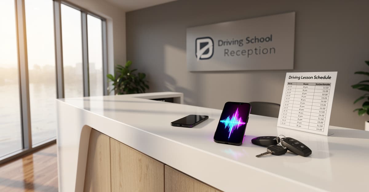 Assistant vocal auto école affiché sur smartphone posé sur un bureau d'accueil d'auto-école moderne et lumineux