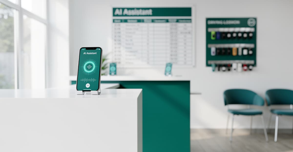 Assistant vocal IA auto-école affiché sur smartphone posé sur le comptoir d'accueil d'une auto-école moderne
