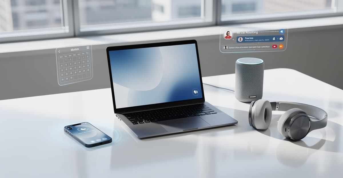 Illustration d’un assistant vocal IA moderne pour automatiser appels, agenda et productivité en entreprise