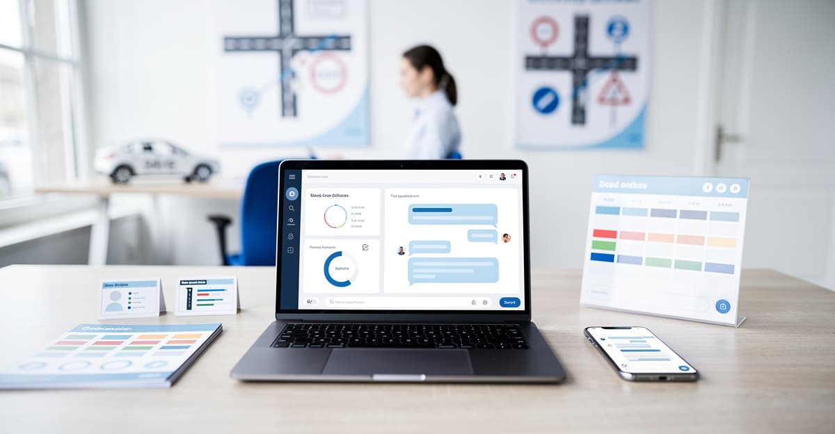 Interface de chatbot auto ecole dans un bureau moderne avec tableau de qualification des prospects.
