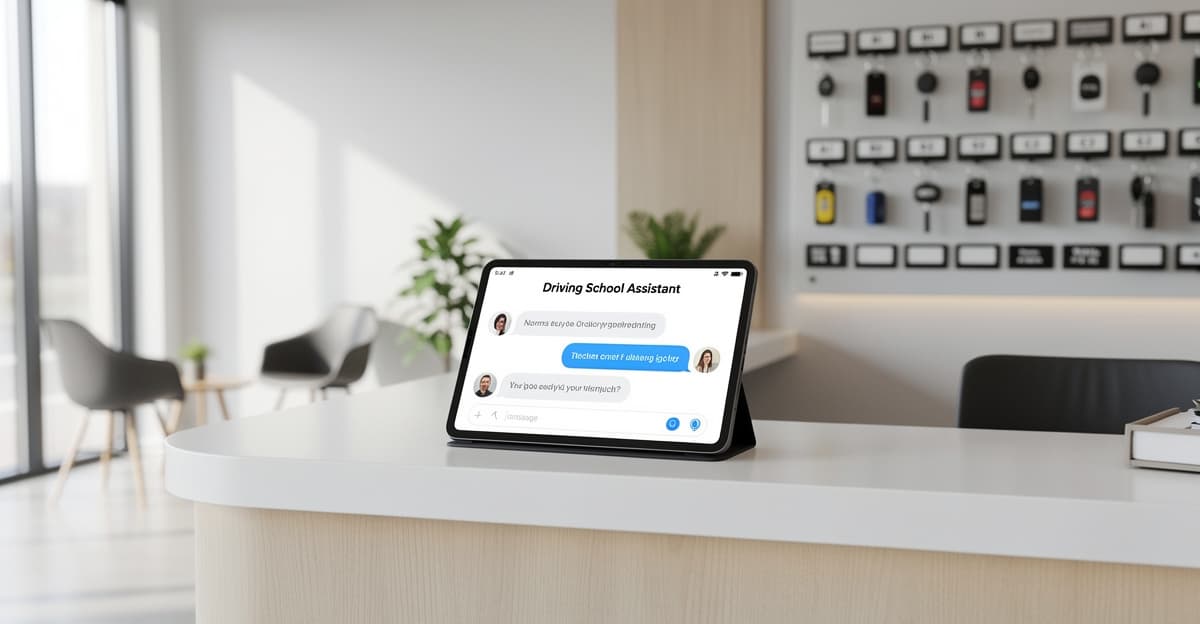 Accueil digital d'une auto-école avec chatbot gratuit sur tablette, ambiance moderne et professionnelle