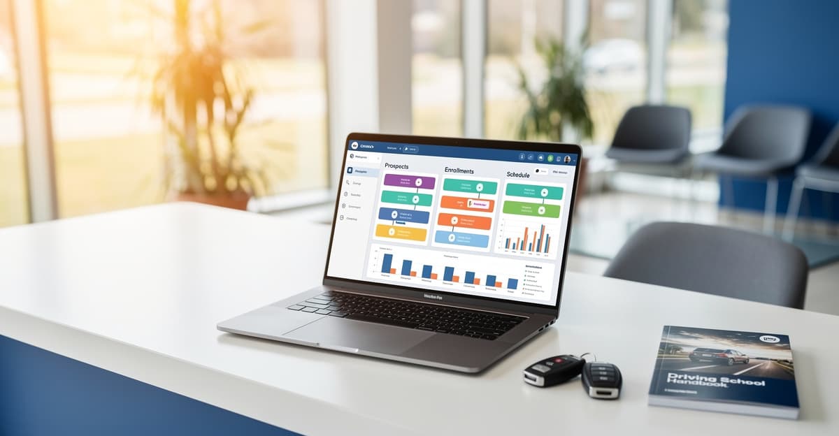 Tableau de bord CRM auto-école ouvert sur un ordinateur à l'accueil d'une auto-école moderne