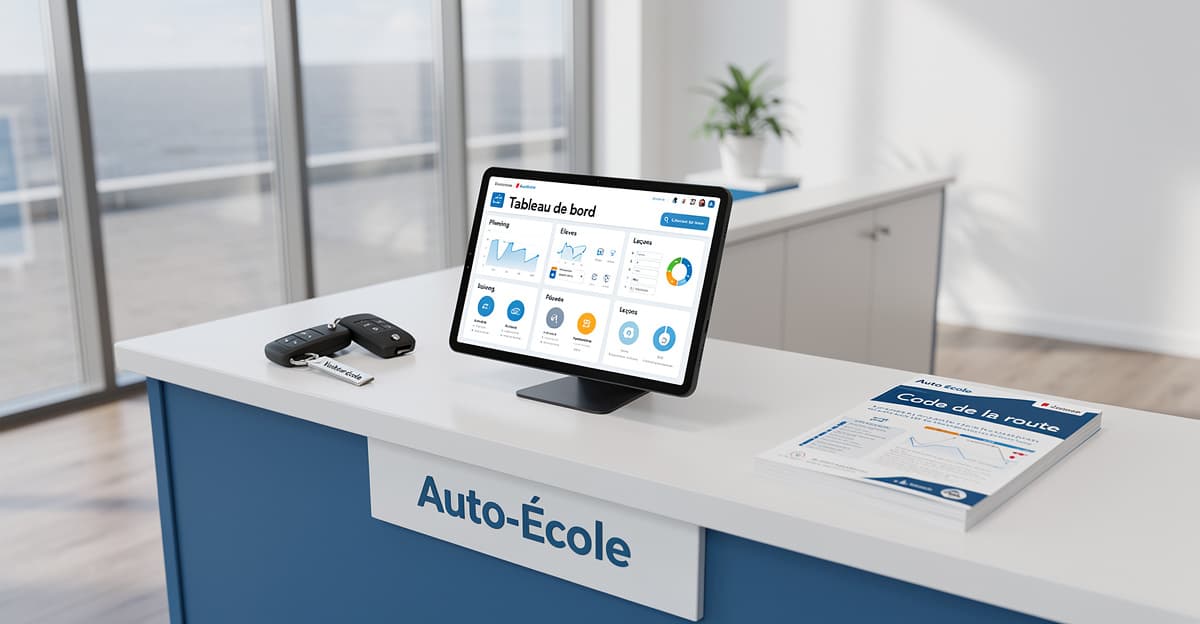 Interface IA auto école sur tablette dans une réception moderne d'auto-école française