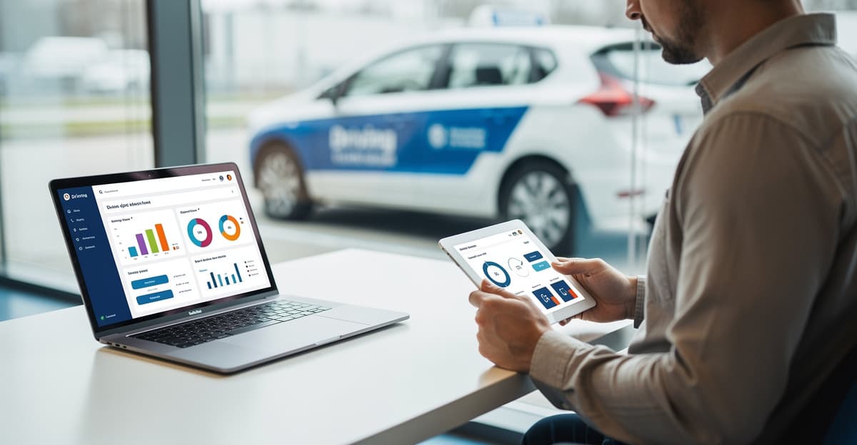 Tableau de suivi ia auto école avec moniteur et indicateurs de progression en salle de cours.