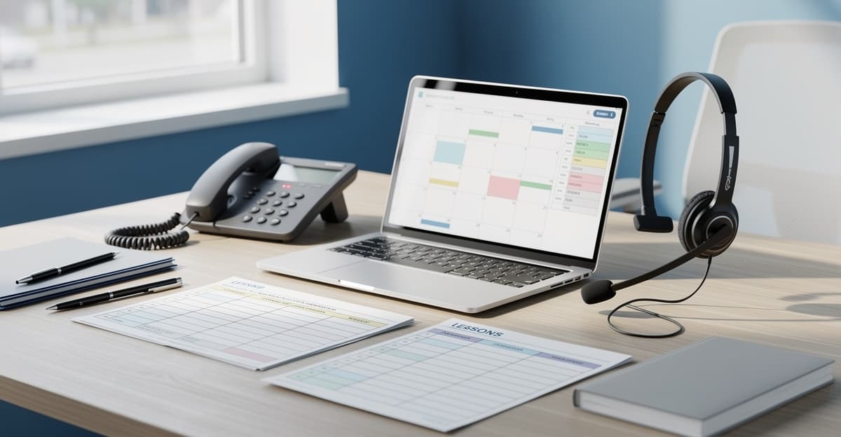 Bureau de secretariat auto ecole avec planning, téléphone et ordinateur bien organisés