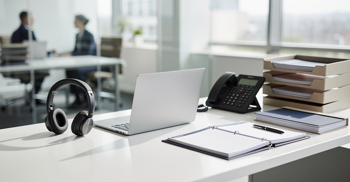 Secrétariat externalisé dans un bureau moderne avec casque, téléphone et agenda organisé